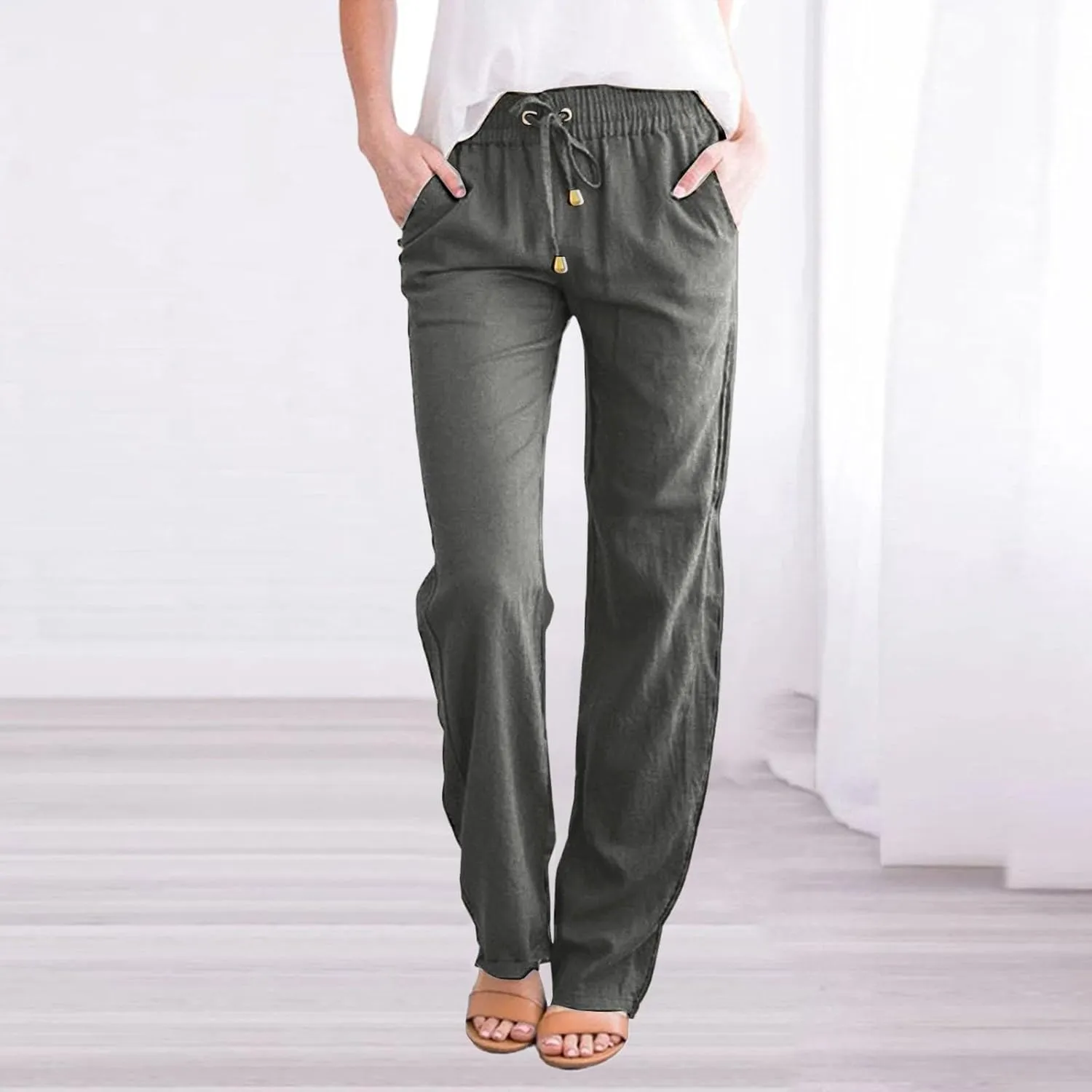 Cotton Linen Pants for Women 2025 Straight Leg Drawstring Long Trouser Loose High Waist Beach Pant with Pockets