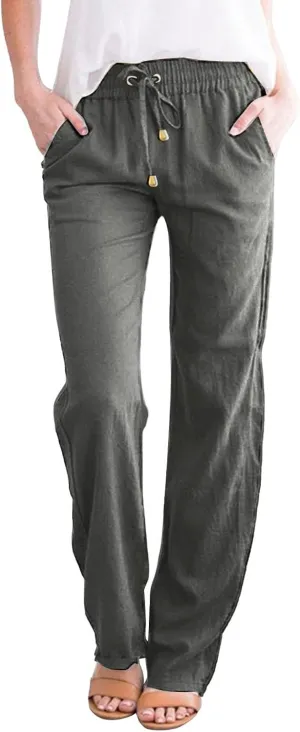 Cotton Linen Pants for Women 2025 Straight Leg Drawstring Long Trouser Loose High Waist Beach Pant with Pockets