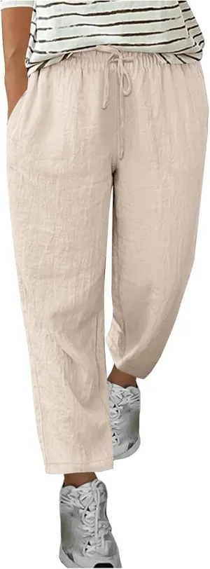 Cotton Linen Pants for Women Casual Elastic Waist Summer Pants 2025 Loose Fit Lounge Plus Size Trousers with Pockets