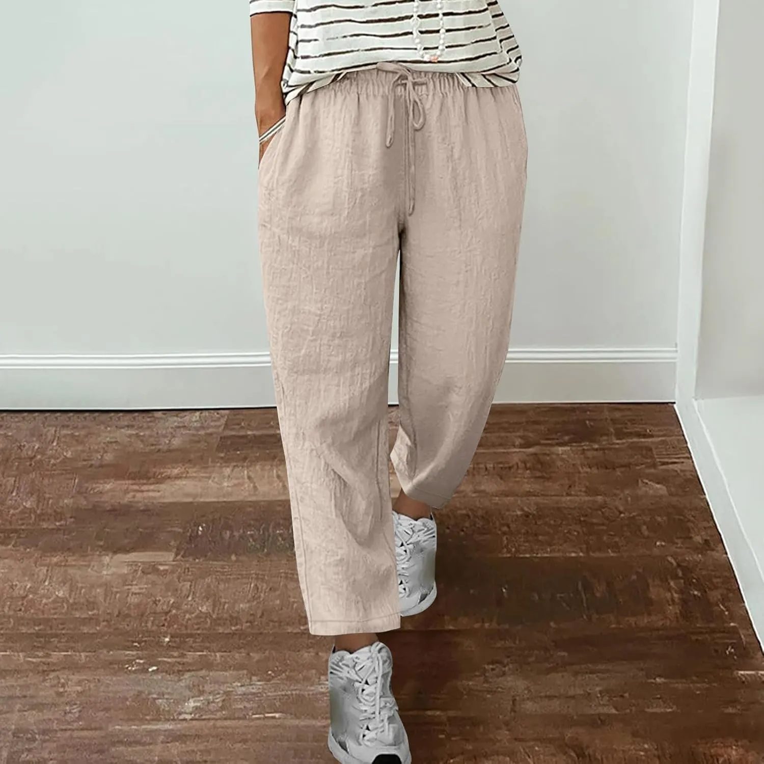 Cotton Linen Pants for Women Casual Elastic Waist Summer Pants 2025 Loose Fit Lounge Plus Size Trousers with Pockets