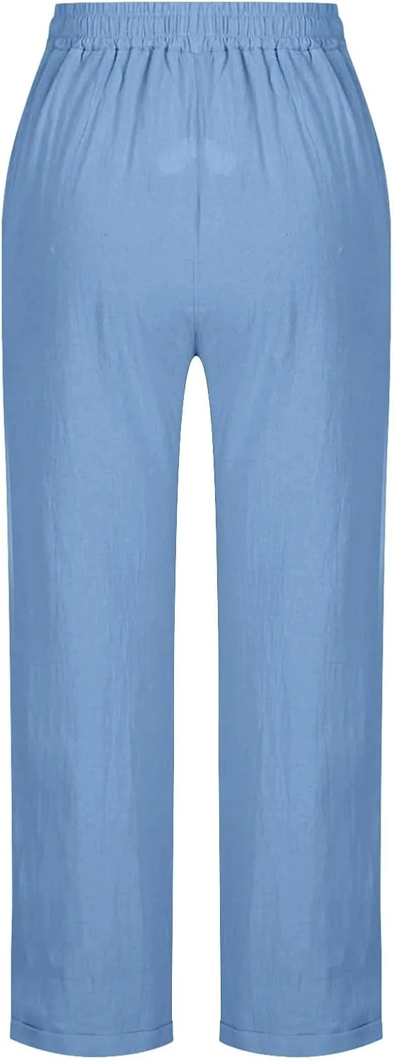 Cotton Linen Pants for Women Casual Elastic Waist Summer Pants 2025 Loose Fit Lounge Plus Size Trousers with Pockets