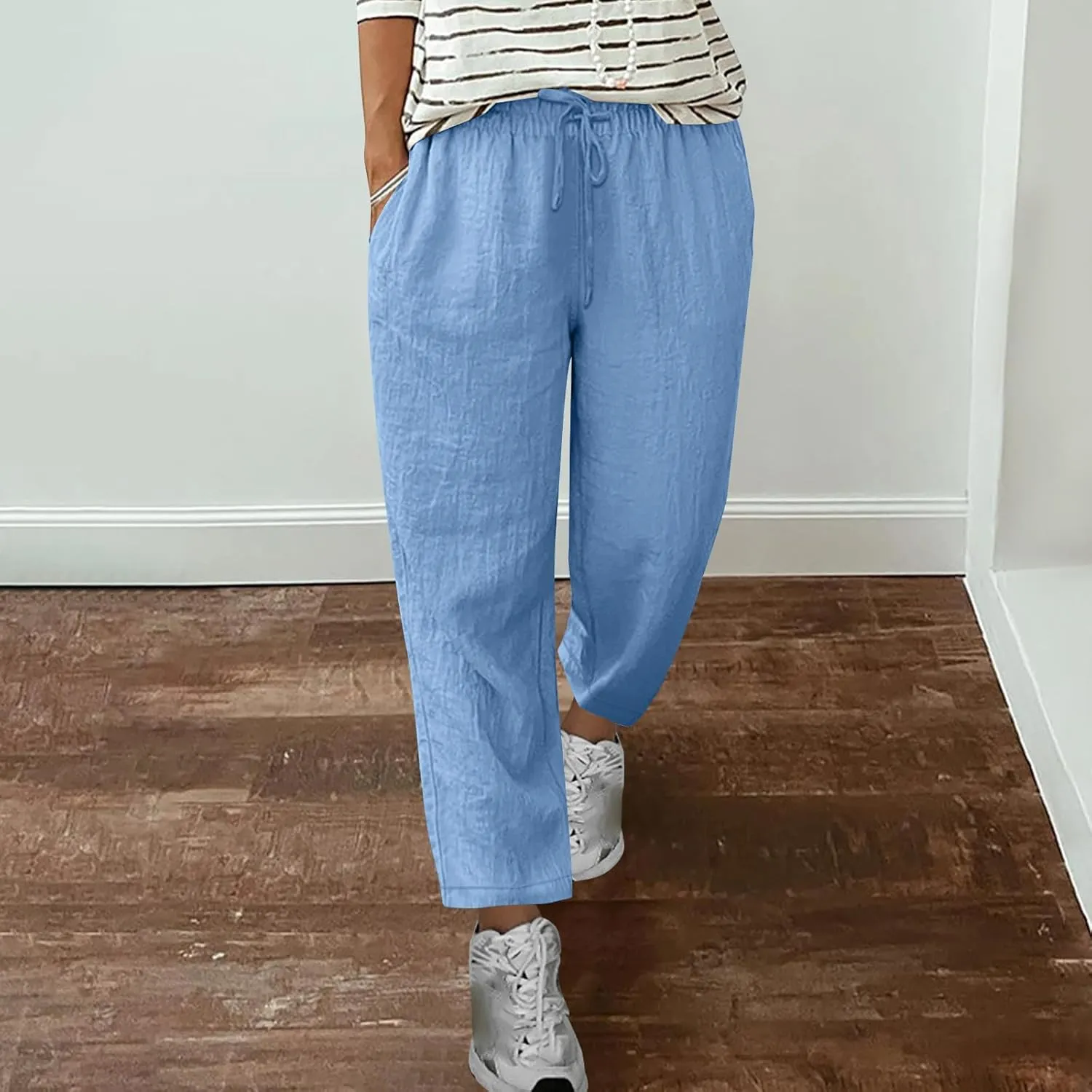 Cotton Linen Pants for Women Casual Elastic Waist Summer Pants 2025 Loose Fit Lounge Plus Size Trousers with Pockets
