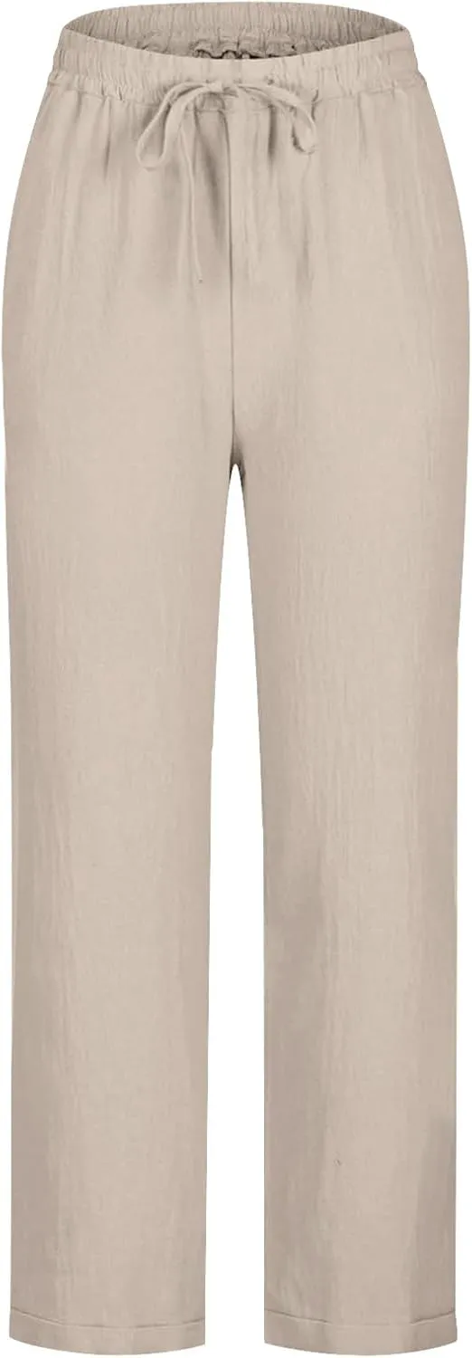 Cotton Linen Pants for Women Casual Elastic Waist Summer Pants 2025 Loose Fit Lounge Plus Size Trousers with Pockets