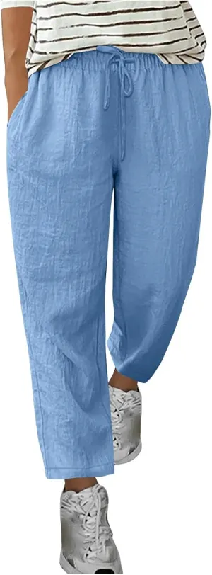 Cotton Linen Pants for Women Casual Elastic Waist Summer Pants 2025 Loose Fit Lounge Plus Size Trousers with Pockets