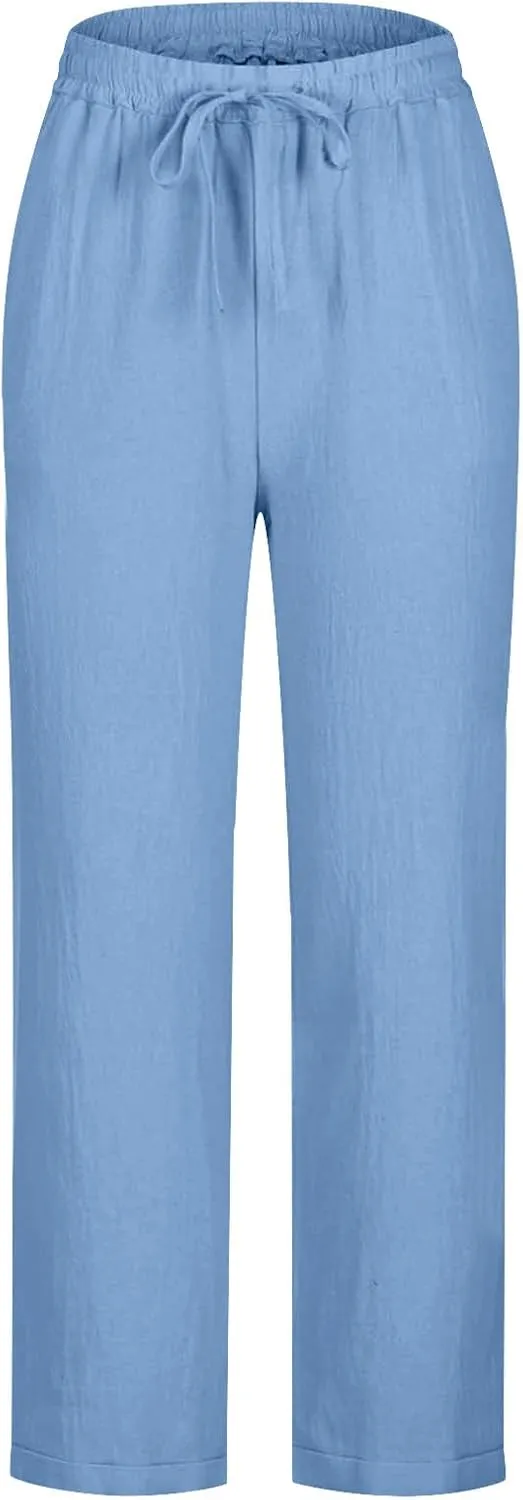 Cotton Linen Pants for Women Casual Elastic Waist Summer Pants 2025 Loose Fit Lounge Plus Size Trousers with Pockets
