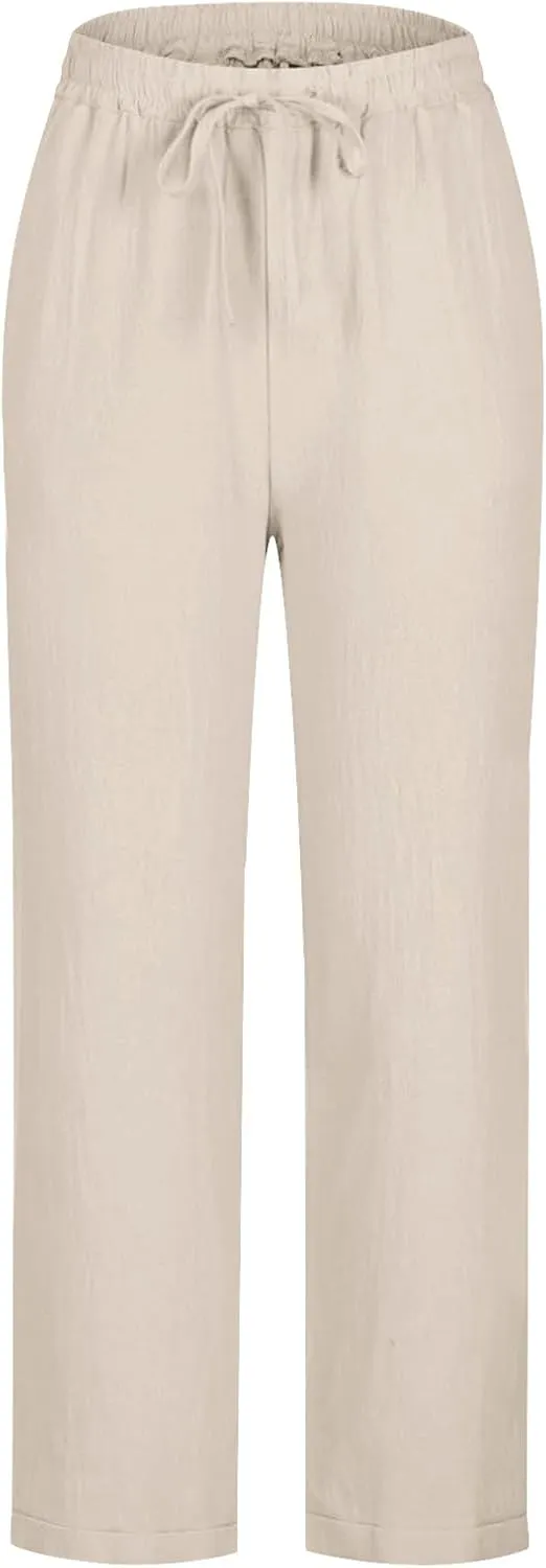 Cotton Linen Pants for Women Casual Elastic Waist Summer Pants 2025 Loose Fit Lounge Plus Size Trousers with Pockets