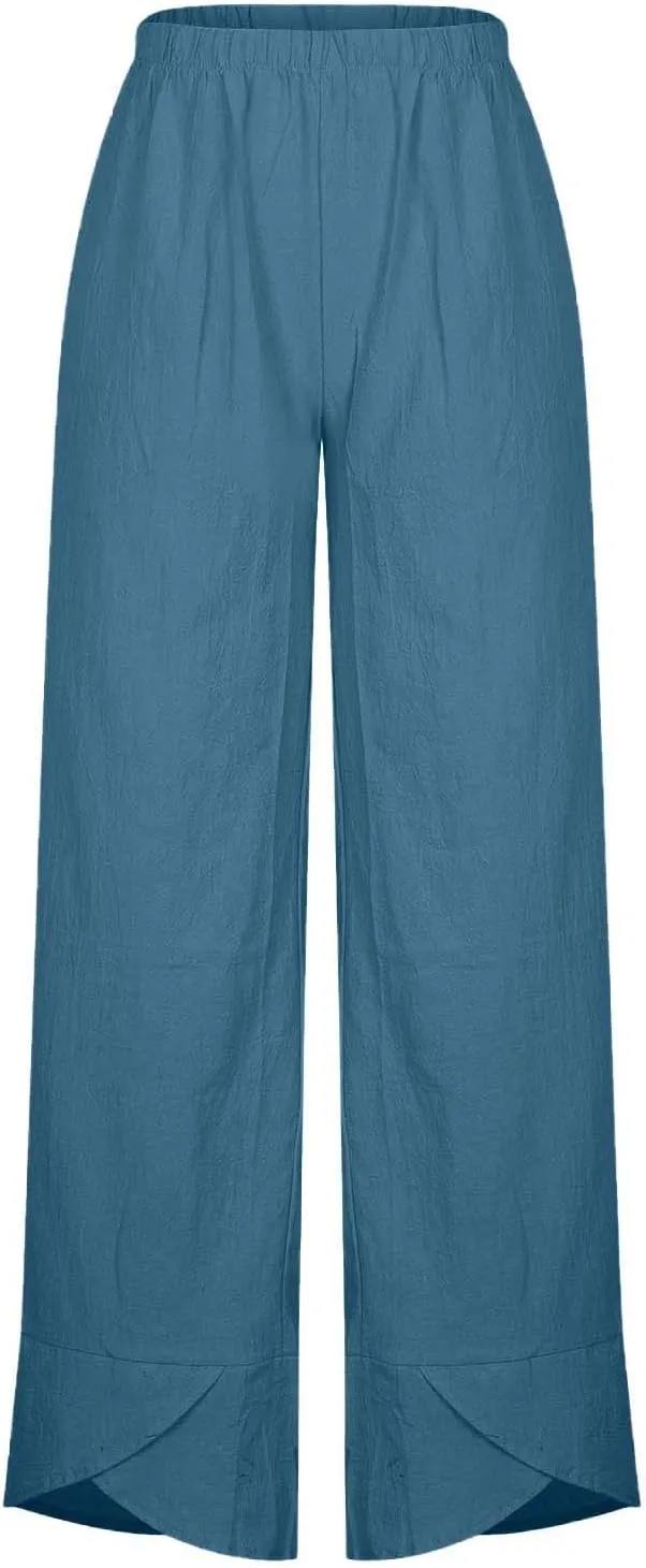 Cotton Linen Pants for Women High Waist Casual Wide Leg Pants Fashion Solid Loose Lounge Trousers with Pockets