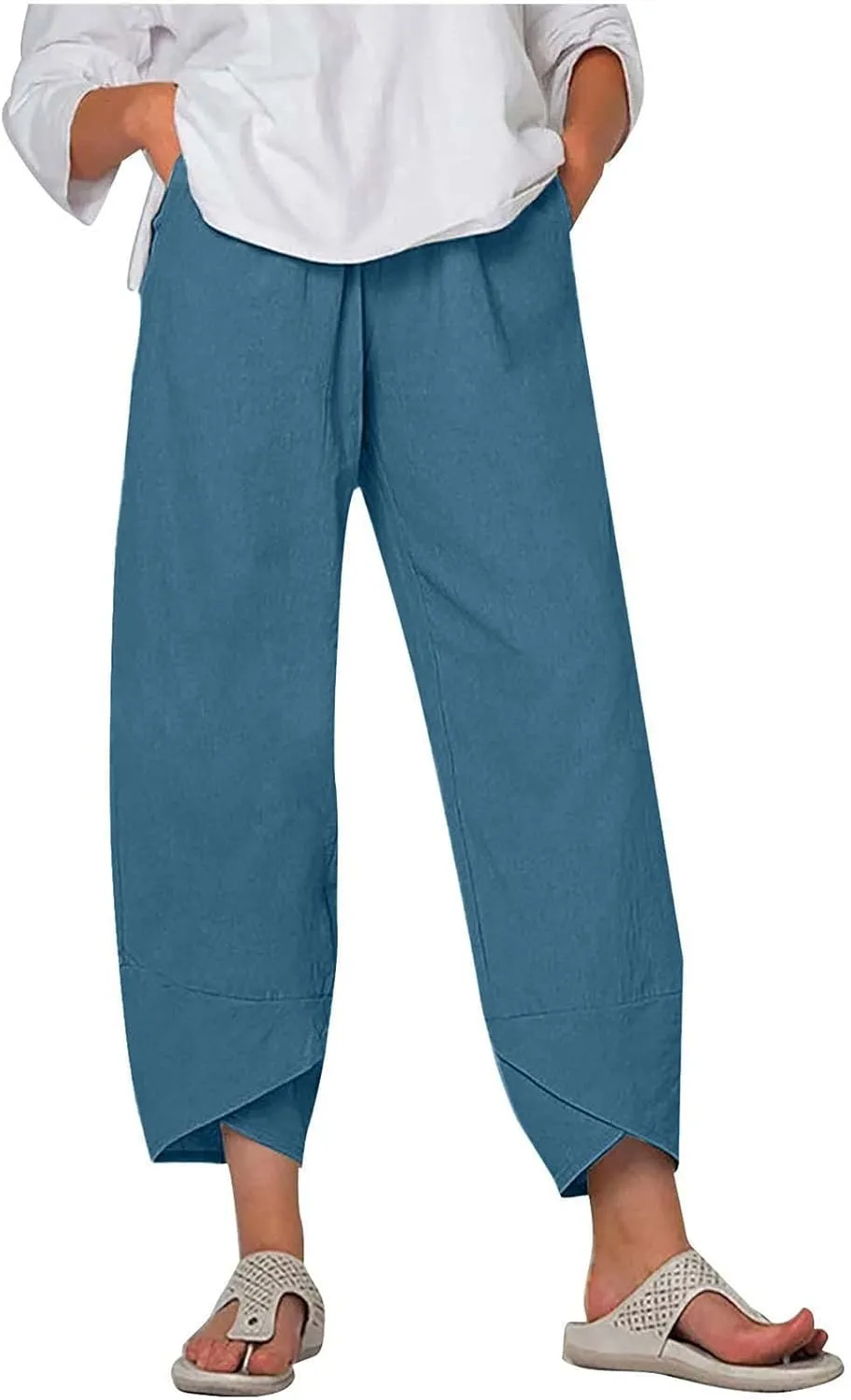 Cotton Linen Pants for Women High Waist Casual Wide Leg Pants Fashion Solid Loose Lounge Trousers with Pockets