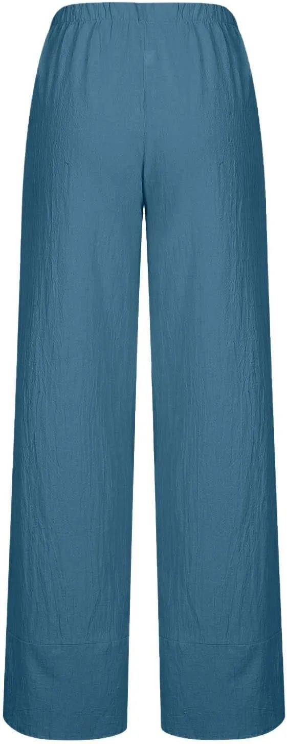 Cotton Linen Pants for Women High Waist Casual Wide Leg Pants Fashion Solid Loose Lounge Trousers with Pockets