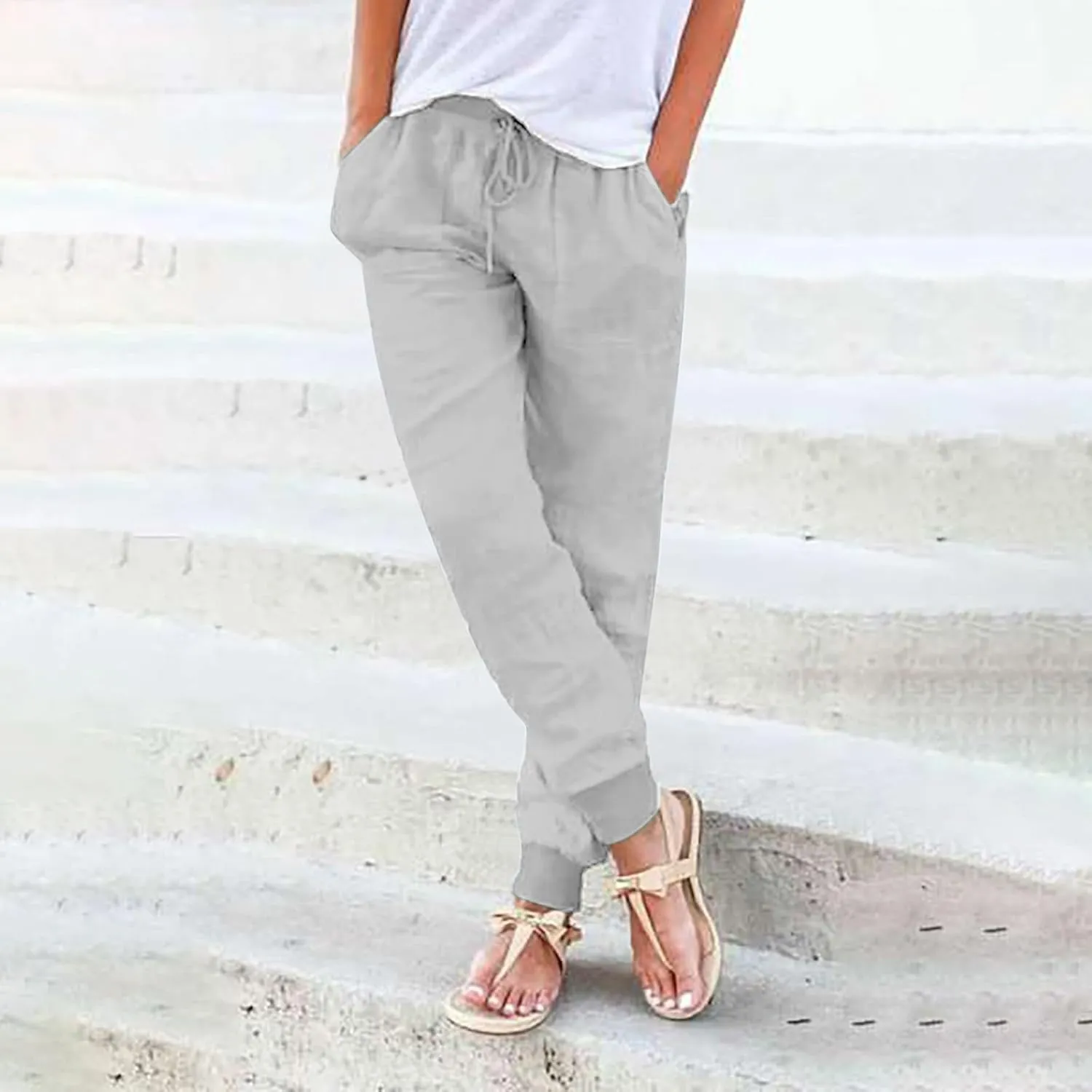 Cotton Linen Pants for Women Summer Causal Baggy Wide Leg Pants Loose Solid Drawstring Elastic High Waist Beach Trouser