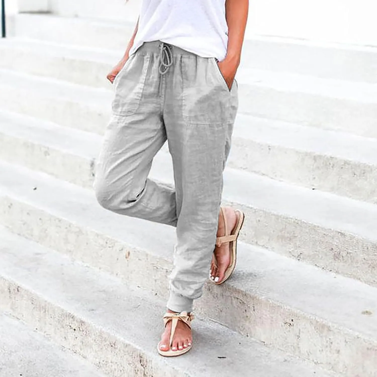Cotton Linen Pants for Women Summer Causal Baggy Wide Leg Pants Loose Solid Drawstring Elastic High Waist Beach Trouser
