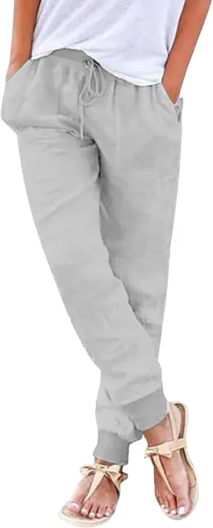 Cotton Linen Pants for Women Summer Causal Baggy Wide Leg Pants Loose Solid Drawstring Elastic High Waist Beach Trouser