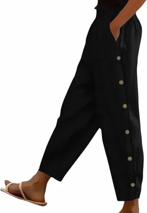 Cotton Linen Pants for Women Wide Straight Leg Side Button Pant Teen Girls 2025 Baggy Elastic Waist Comfy Crop Trouser