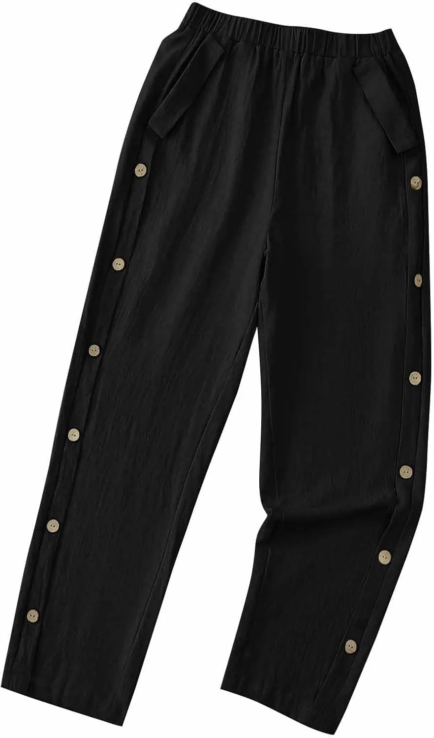 Cotton Linen Pants for Women Wide Straight Leg Side Button Pant Teen Girls 2025 Baggy Elastic Waist Comfy Crop Trouser