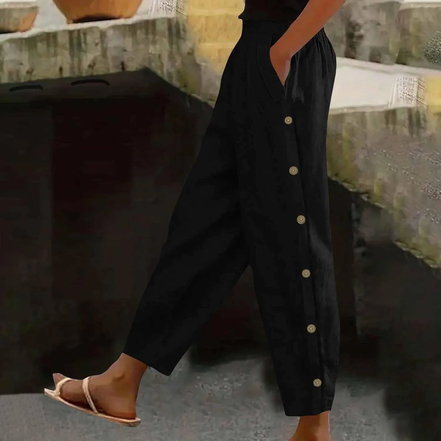 Cotton Linen Pants for Women Wide Straight Leg Side Button Pant Teen Girls 2025 Baggy Elastic Waist Comfy Crop Trouser