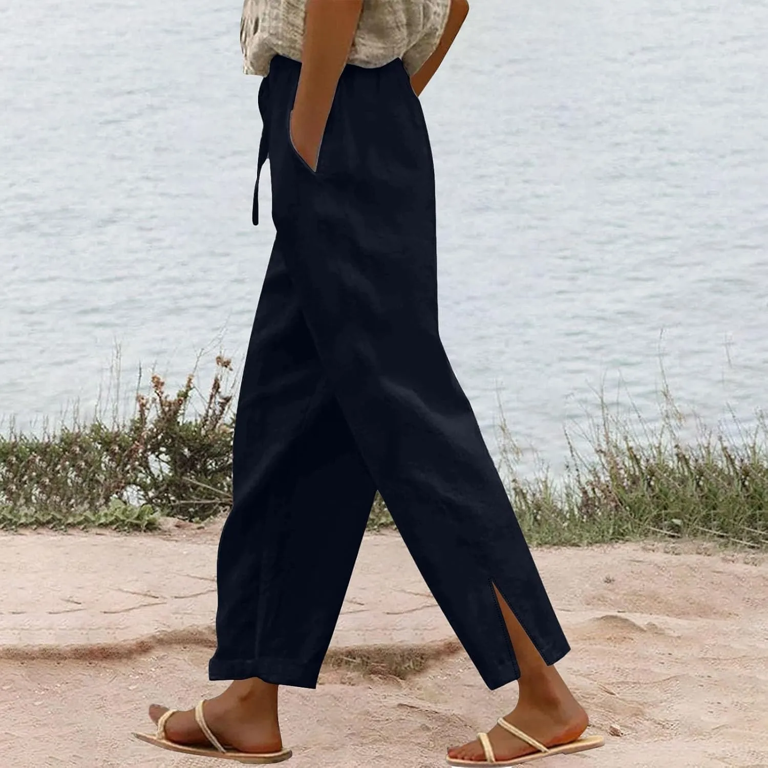 Cotton Linen Pants Women Elastic Drawstring High Waisted Pants Baggy Wide Leg Side Slit Boho Beach Pants with Pockets