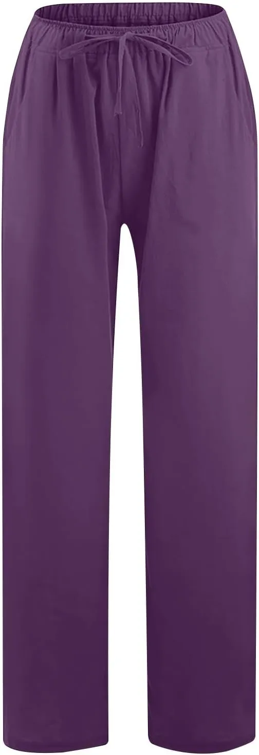 Cotton Linen Pants Women Summer Trendy Drawstring Elastic Waist Lightweight Casual Palazzo Trousers with Pockets