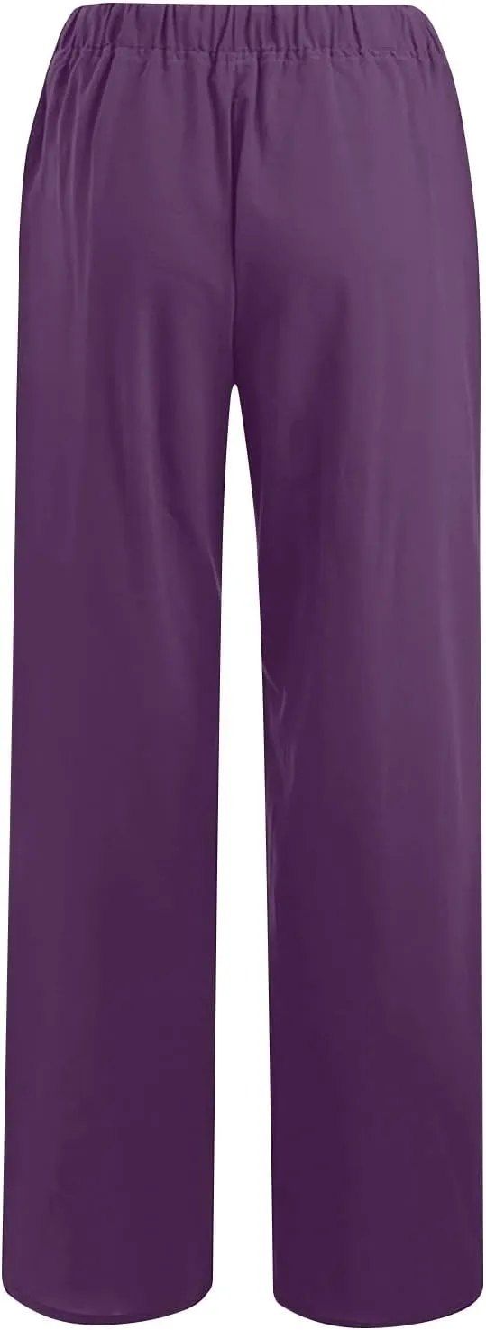Cotton Linen Pants Women Summer Trendy Drawstring Elastic Waist Lightweight Casual Palazzo Trousers with Pockets