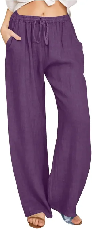 Cotton Linen Pants Women Summer Trendy Drawstring Elastic Waist Lightweight Casual Palazzo Trousers with Pockets