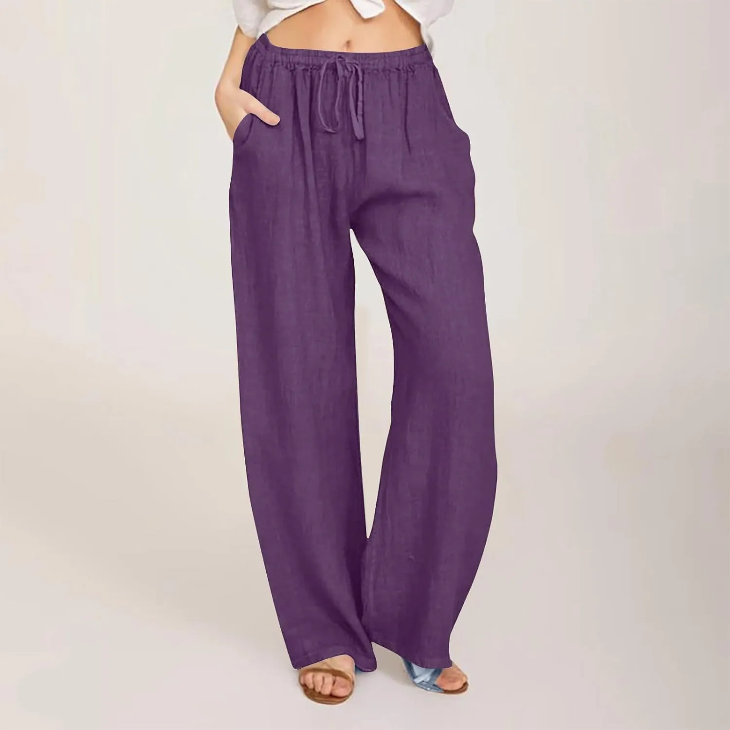 Cotton Linen Pants Women Summer Trendy Drawstring Elastic Waist Lightweight Casual Palazzo Trousers with Pockets