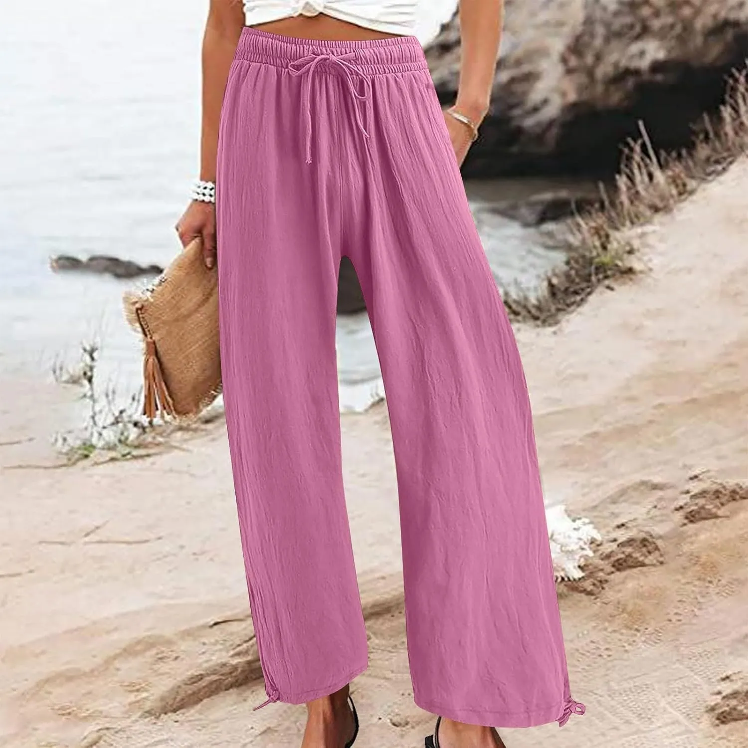 Cotton Linen Wide Leg Pants Women 2025 Drawstring Loose Beach Pant Summer Vacation Boho Slacks Trousers with Pockets
