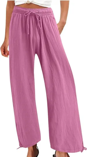 Cotton Linen Wide Leg Pants Women 2025 Drawstring Loose Beach Pant Summer Vacation Boho Slacks Trousers with Pockets