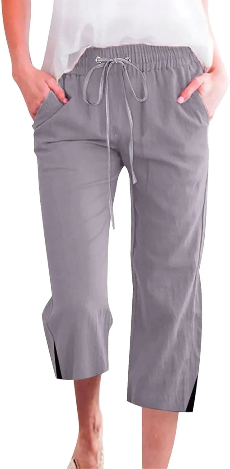 Cropped Linen Pants Women Loose Drawstring Elastic Waist Palazzo Lounge Long Trousers Summer Beach Vacation Pants
