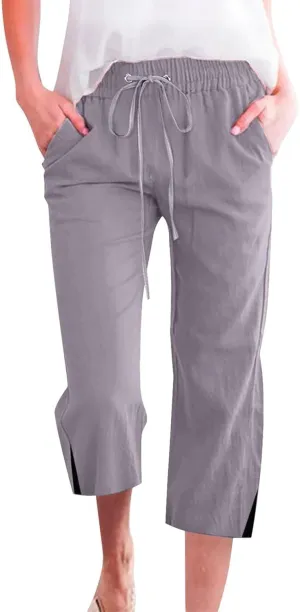 Cropped Linen Pants Women Loose Drawstring Elastic Waist Palazzo Lounge Long Trousers Summer Beach Vacation Pants