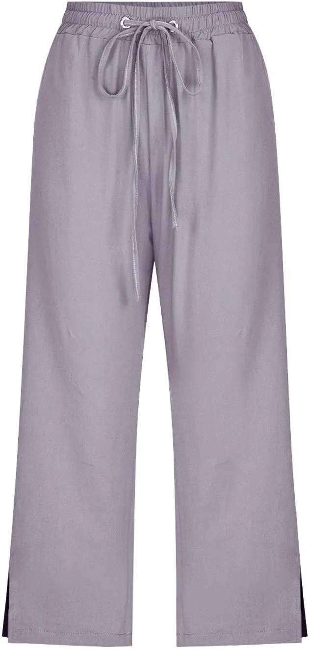 Cropped Linen Pants Women Loose Drawstring Elastic Waist Palazzo Lounge Long Trousers Summer Beach Vacation Pants