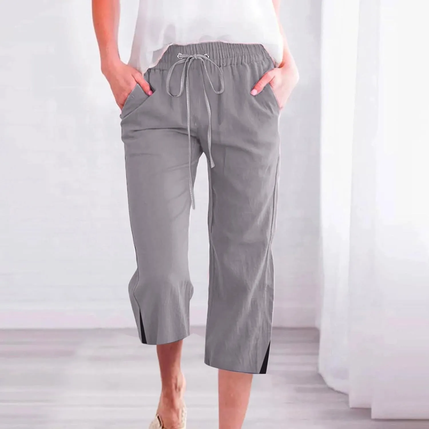 Cropped Linen Pants Women Loose Drawstring Elastic Waist Palazzo Lounge Long Trousers Summer Beach Vacation Pants