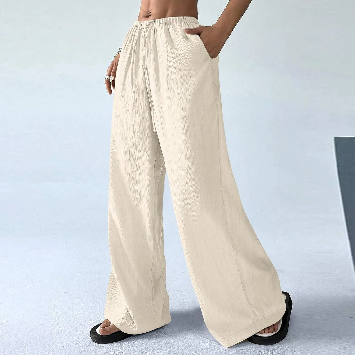 Cruise Pants for Women 2025 Vacation Outfits Drawstring Flowy Casual Pants with Pockets Wide Leg Lightweight Beach Sweatpants
