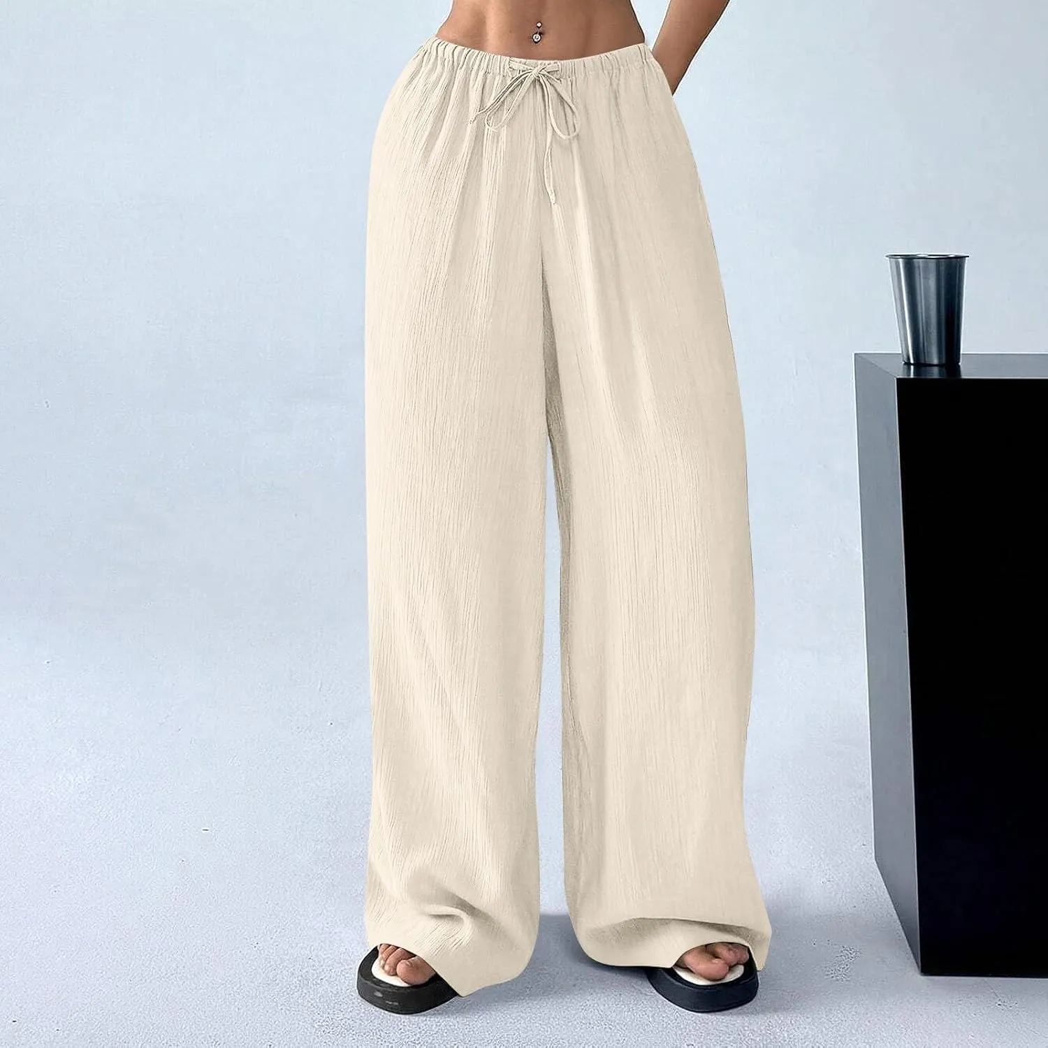 Cruise Pants for Women 2025 Vacation Outfits Drawstring Flowy Casual Pants with Pockets Wide Leg Lightweight Beach Sweatpants