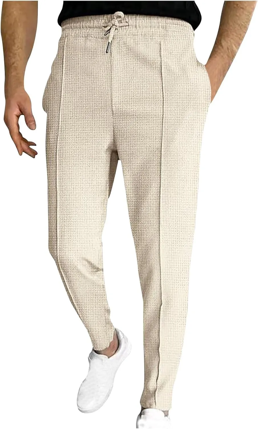 Ctreela Men's Casual Dress Pants Skinny Chino Pants Waffle Tapered Pants Flat Front Slacks Slim-Fit Elastic Waist Trousers