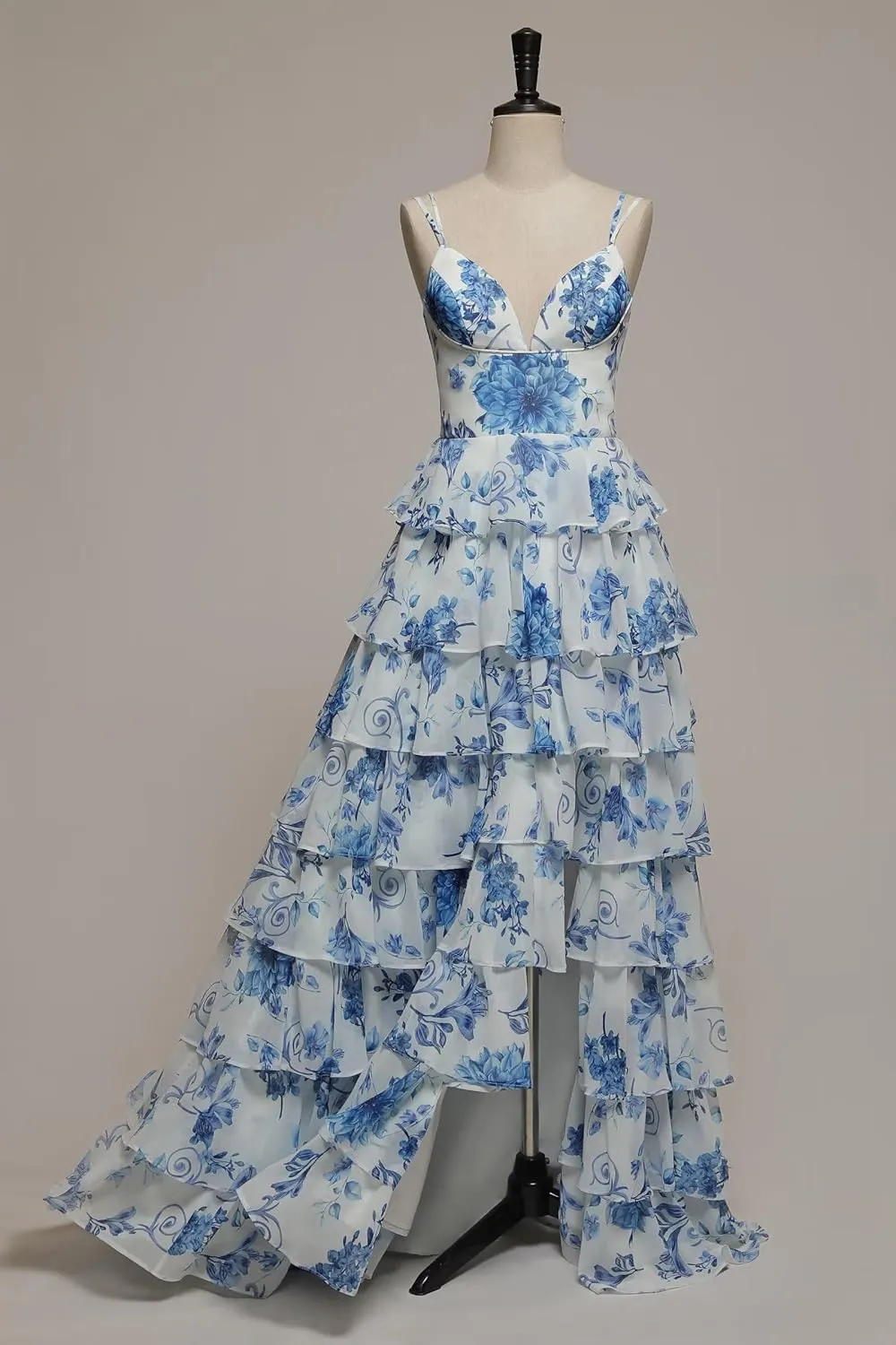 Cudiew Floral Print Tiered Prom Dresses Spaghetti Straps Chiffon Ruffles Long Formal Evening Dress for Women with Slit