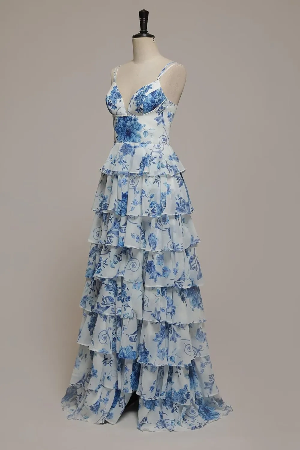 Cudiew Floral Print Tiered Prom Dresses Spaghetti Straps Chiffon Ruffles Long Formal Evening Dress for Women with Slit