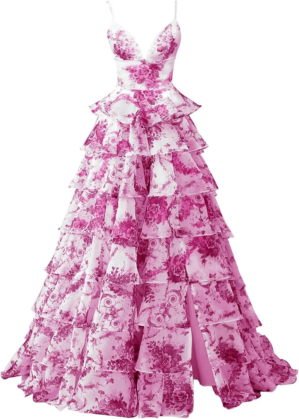 Cudiew Floral Print Tiered Prom Dresses Spaghetti Straps Chiffon Ruffles Long Formal Evening Dress for Women with Slit