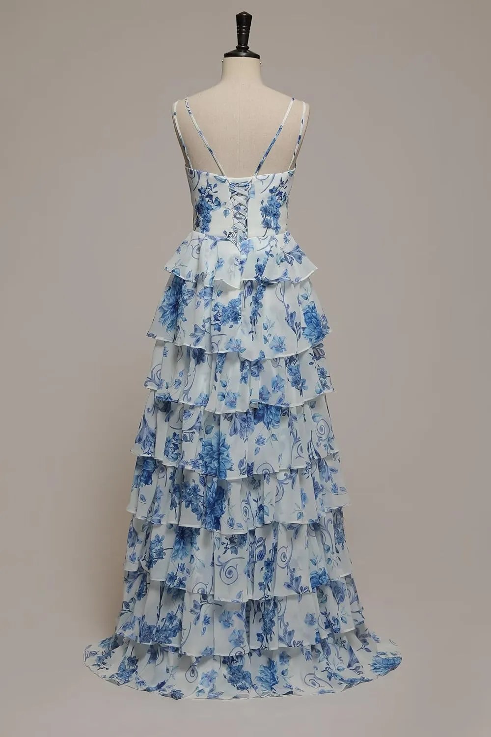Cudiew Floral Print Tiered Prom Dresses Spaghetti Straps Chiffon Ruffles Long Formal Evening Dress for Women with Slit