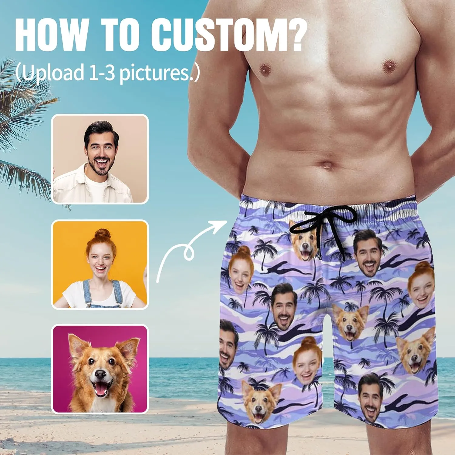 Custom Mens Swim Trunks with Face Personalized Photo Hawaiian Swim Shorts Customized Funny Beach Board Shorts