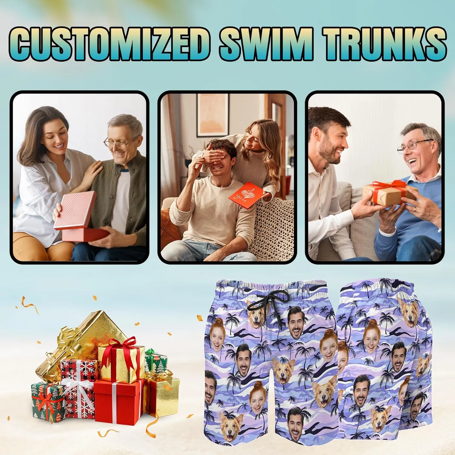 Custom Mens Swim Trunks with Face Personalized Photo Hawaiian Swim Shorts Customized Funny Beach Board Shorts