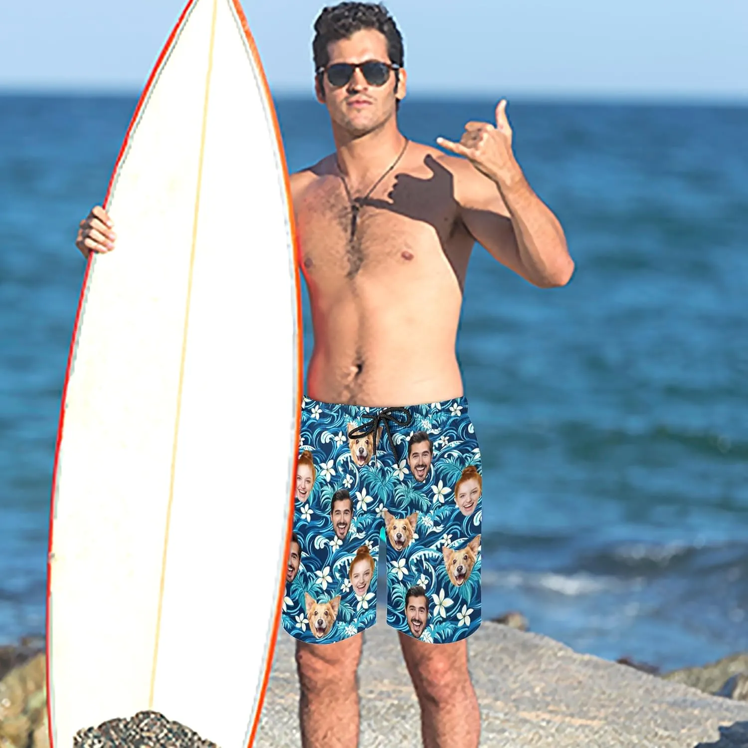 Custom Mens Swim Trunks with Face Personalized Photo Hawaiian Swim Shorts Customized Funny Beach Board Shorts