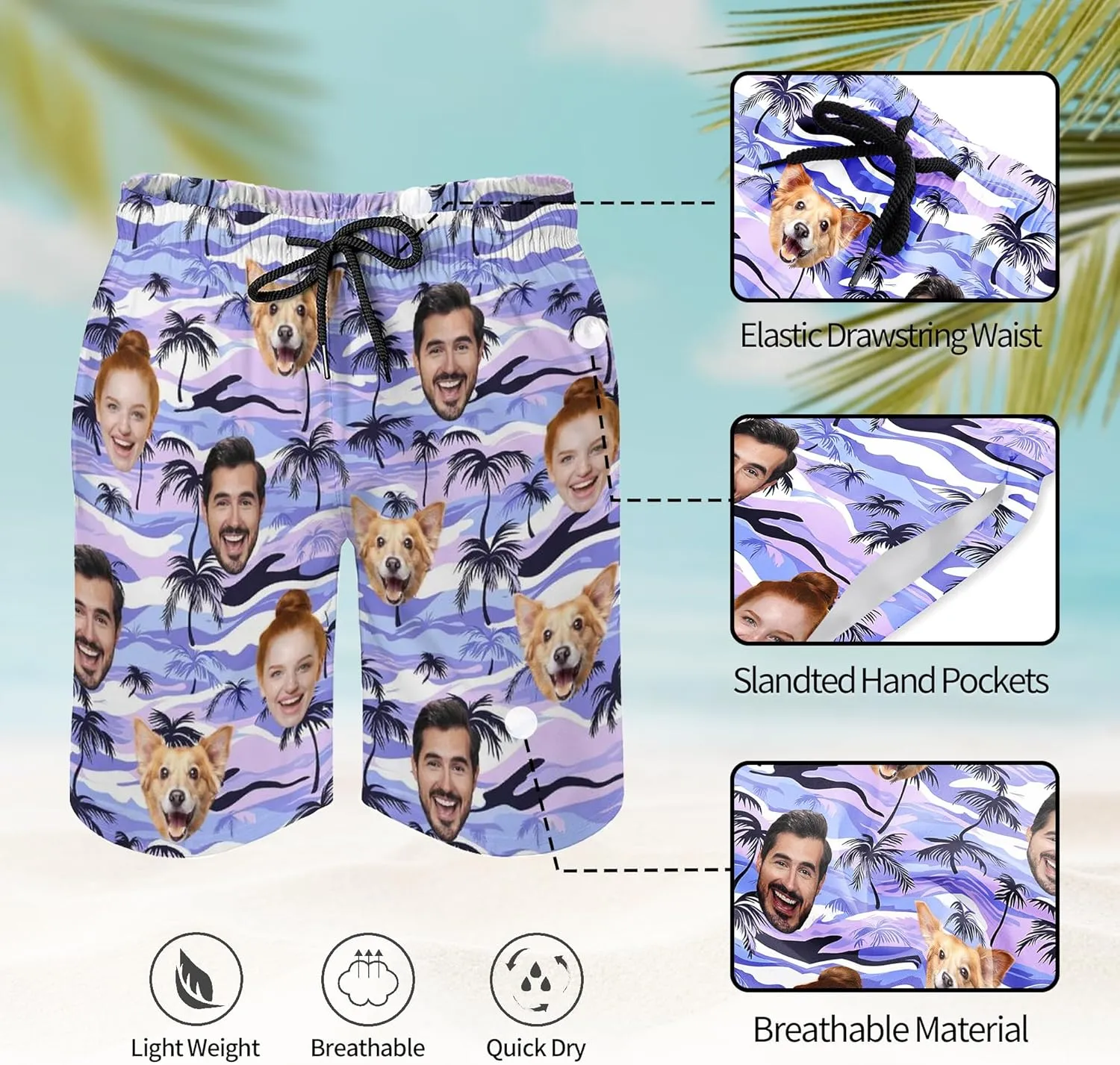 Custom Mens Swim Trunks with Face Personalized Photo Hawaiian Swim Shorts Customized Funny Beach Board Shorts