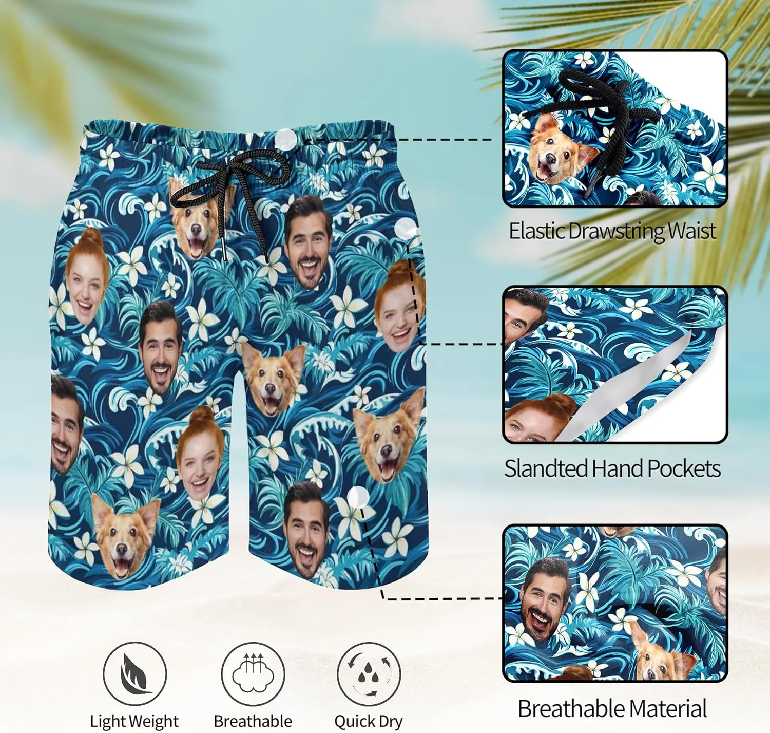 Custom Mens Swim Trunks with Face Personalized Photo Hawaiian Swim Shorts Customized Funny Beach Board Shorts