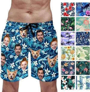 Custom Mens Swim Trunks with Face Personalized Photo Hawaiian Swim Shorts Customized Funny Beach Board Shorts