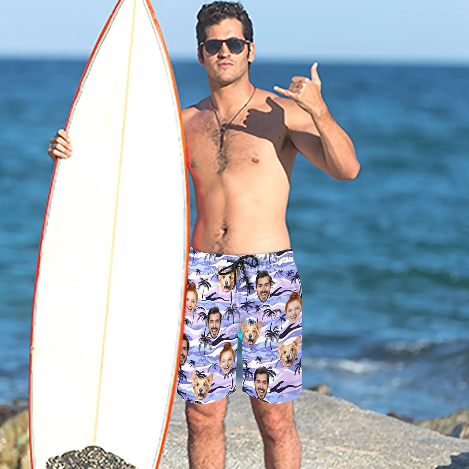 Custom Mens Swim Trunks with Face Personalized Photo Hawaiian Swim Shorts Customized Funny Beach Board Shorts