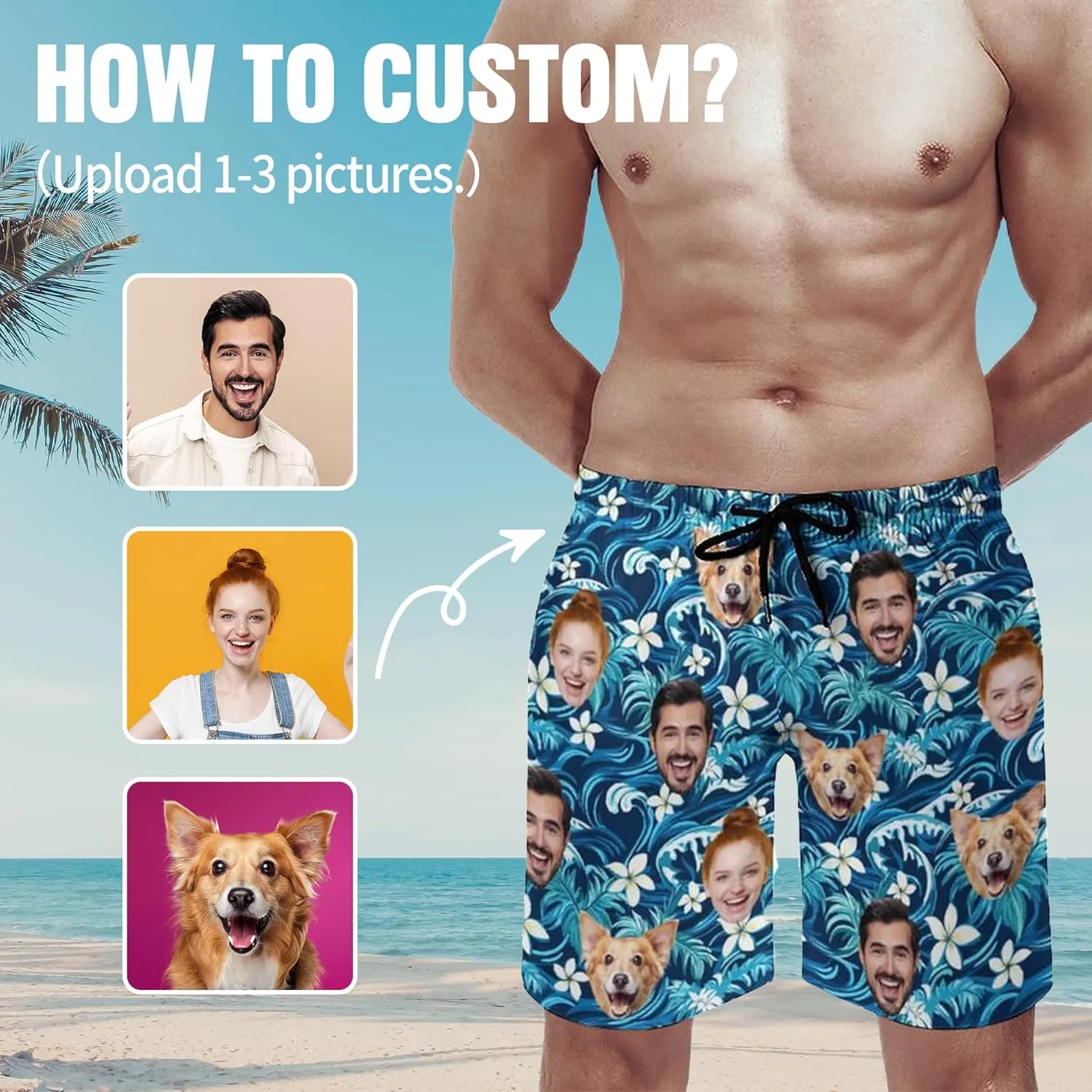 Custom Mens Swim Trunks with Face Personalized Photo Hawaiian Swim Shorts Customized Funny Beach Board Shorts