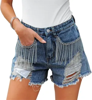 Cyparel Women's Rhinestone Denim Shorts Mid Waist Ripped Frayed Raw Hem Tessles Stretchy Jean Shorts with Pockets