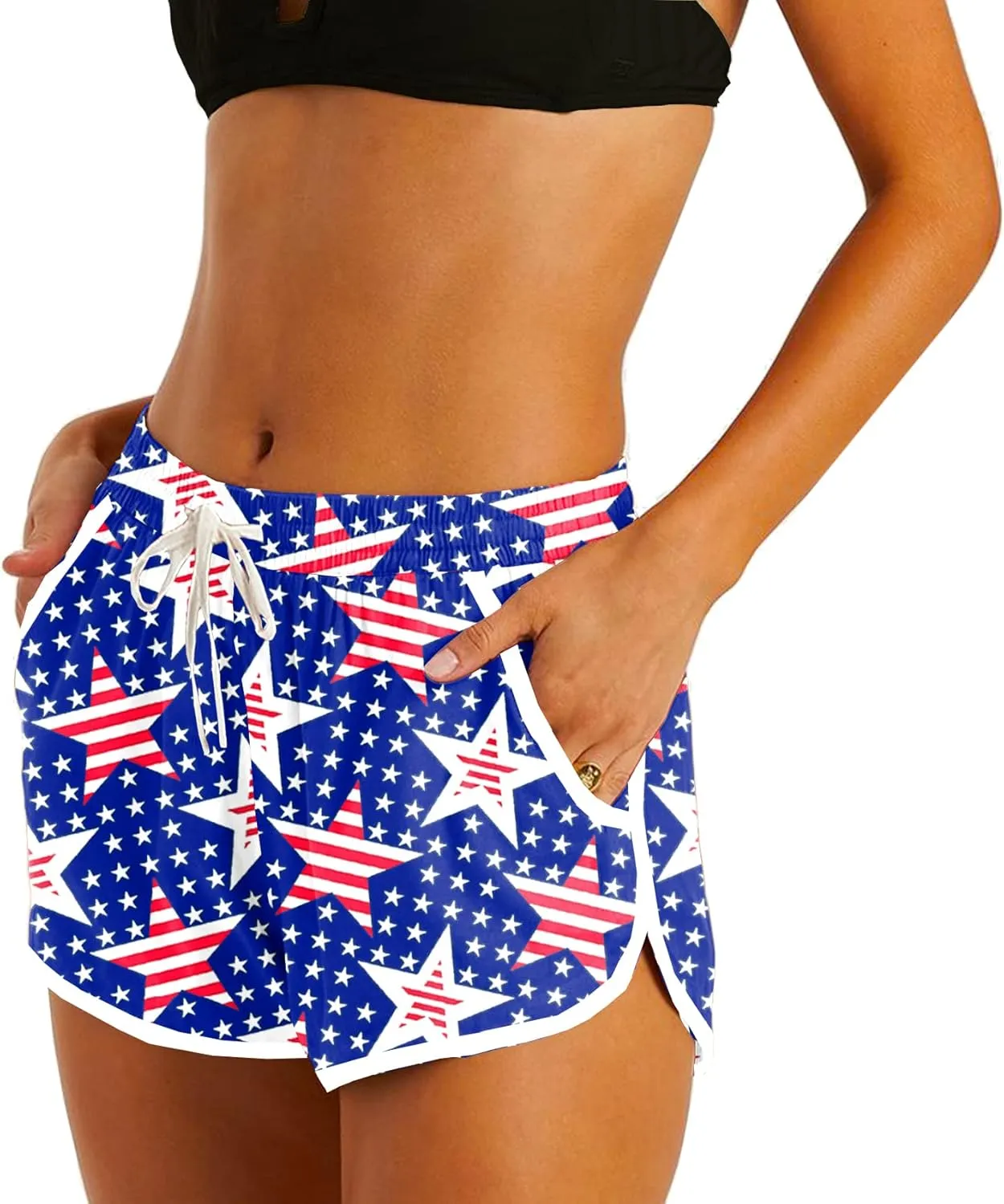 Deerose Women 4th of July Board Shorts Hawaiian Tropical Print Beach Swim Shorts with Pockets