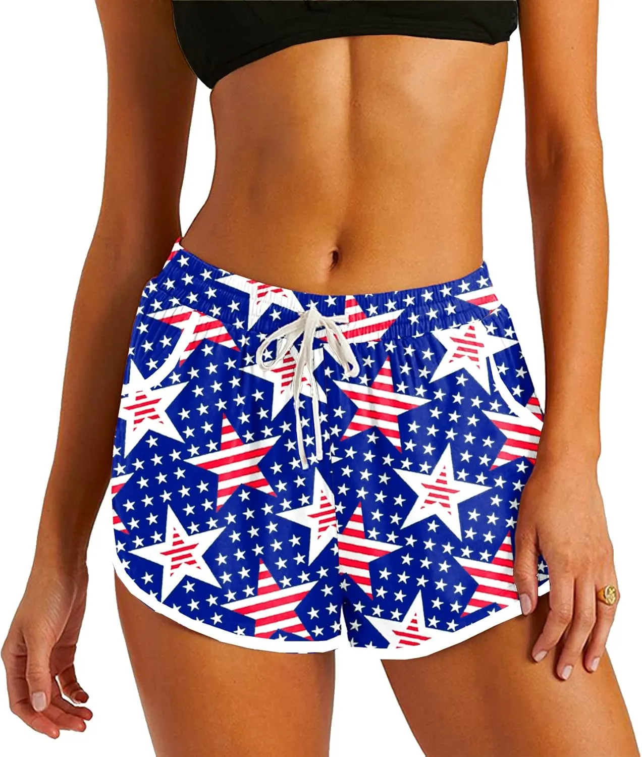 Deerose Women 4th of July Board Shorts Hawaiian Tropical Print Beach Swim Shorts with Pockets