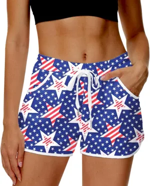 Deerose Women 4th of July Board Shorts Hawaiian Tropical Print Beach Swim Shorts with Pockets