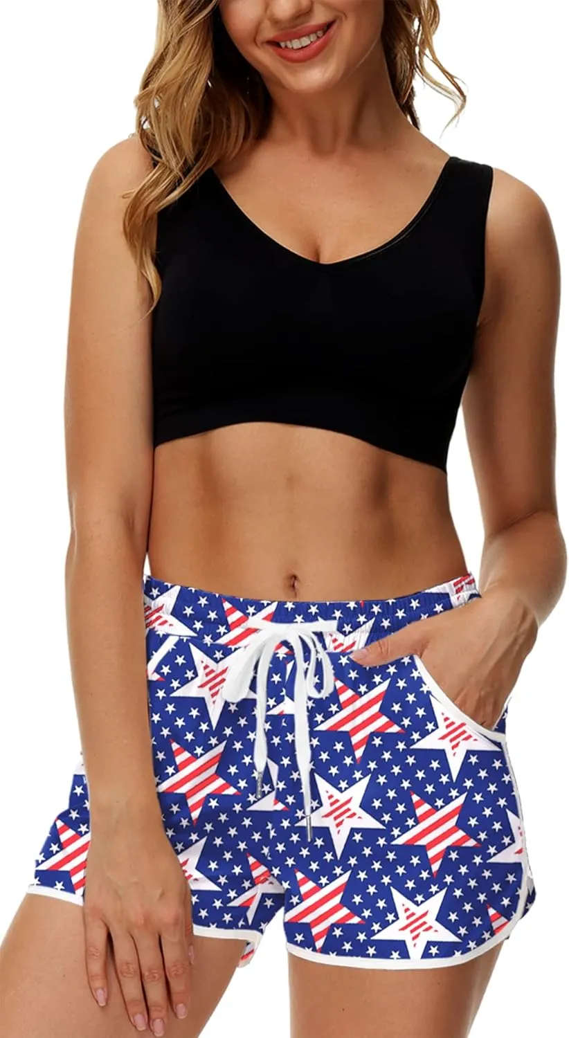Deerose Women 4th of July Board Shorts Hawaiian Tropical Print Beach Swim Shorts with Pockets